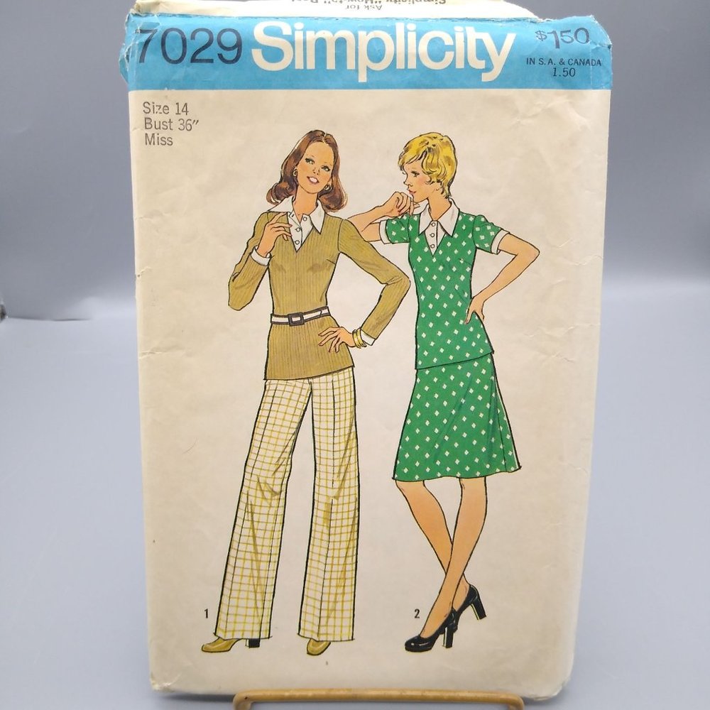 Vintage Sewing PATTERN Simplicity 7029, Misses 1975 Pants Two Piece Dress or Top